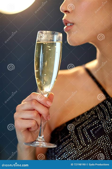 Close Up Of Woman Drinking Champagne At Party Stock Photo Image Of