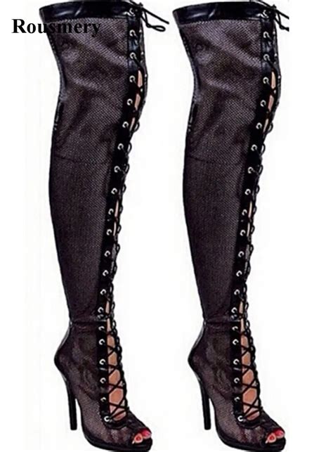 women sexy new fashion open toe lace up black mesh gladiator boots cut out long high heel boots