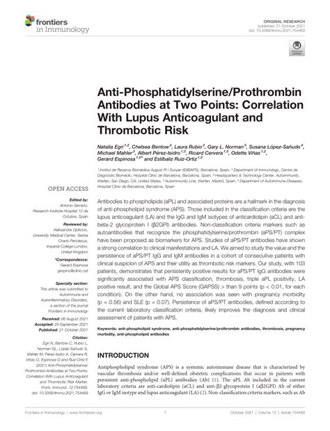 Pdf Anti Phosphatidylserineprothrombin Antibodies At Two Points