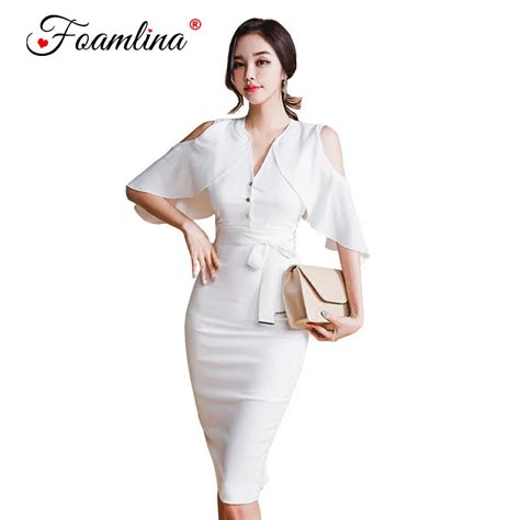Buy Foamlina Elegant Laides White Pencil Dress Sexy V Neck Coutout Shoulder