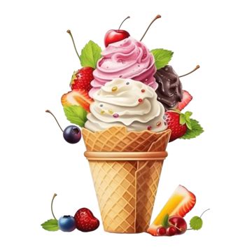 Ice Cream With Fruits And Toppings On Wafer Cone Isolated Clip Art Illustration Style Ai