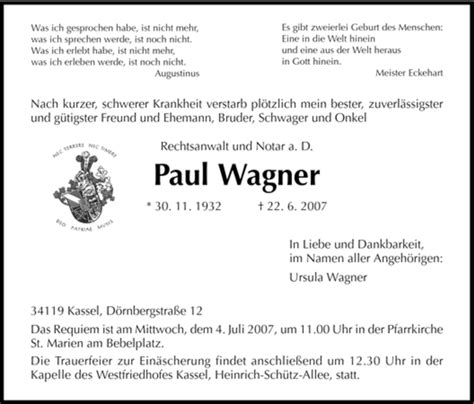 Traueranzeigen Von Paul Wagner Trauerhnade