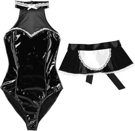 Women Wetlook Sexy Costumes Patent Leather Maid Cosplay Holder Overall With Apron Lingerie Fancy