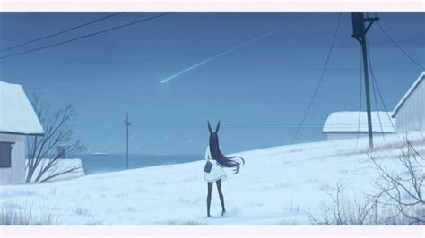 Wallpaper Anime Girl Back View Bunny Ears Snow Field