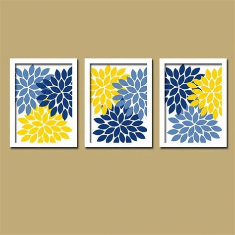 Yellow Navy Blue Flower Burst Dahlia Artwork Set Of 3 Trio Prints Decor