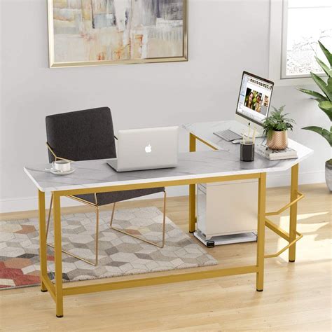 Whiteandgold Modern L Shaped Desk Corner Computer Desk For Home Office