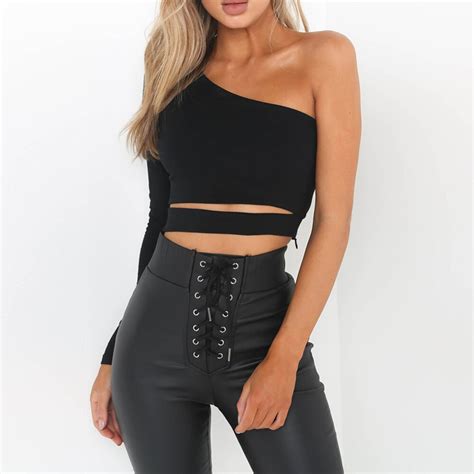 Sexy Women Bodycon Crop Top One Shoulder Bandage Backless Long Sleeves