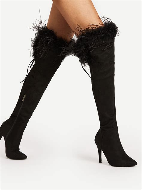 Shop Faux Fur Point Toe Over The Knee Boots Online Shein Offers Faux Fur Point Toe Over The