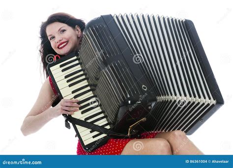Pretty Brunette Woman Plays The Accordion In Studio Stock Photo Image
