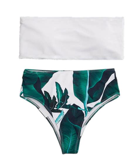 Green Leaf Print High Waist Bikini Women Summer Bandeau Bikini Set