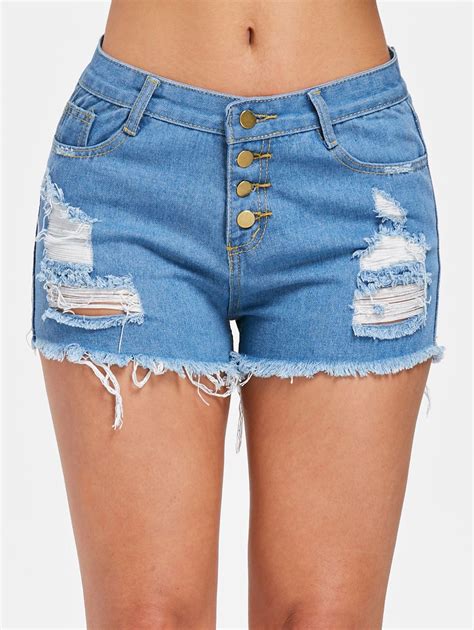 32 OFF Distressed Button Fly Denim Shorts Rosegal
