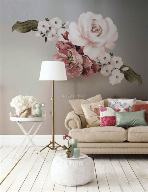 Pink Rose Red Peony Floral Bouqet Wall Decal Sticker