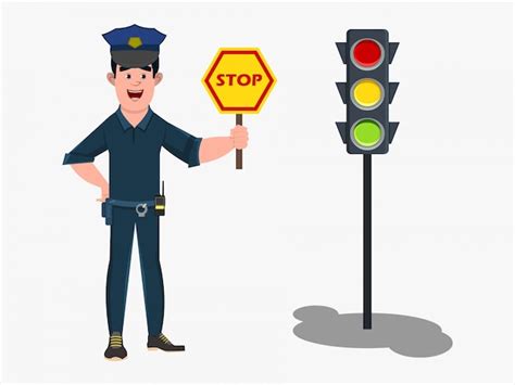 premium vector policeman cartoon character standing in a traffic signal and showing stop road