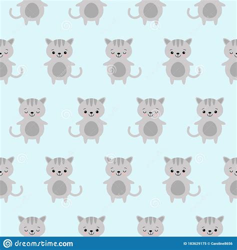 Vector Illustration Seamless Pattern Funny Kawaii Cats Cute Cartoon