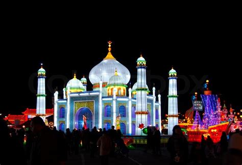If in case, you missed capturing a shot of taj mahal during a full moon, sunrise or sunset, you can get a better shot from the yamuna river. Illuminated structure Taj Mahal -night scene | Stock Photo ...