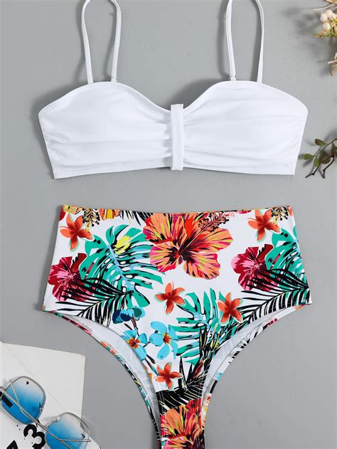 Tropical Print Ruched High Waisted Bikini Swimsuit Shein Usa