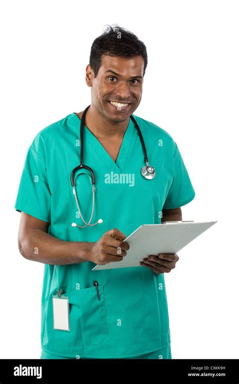Indian Doctor Wearing A Green Scrubs Isolated On White Stock Photo Alamy