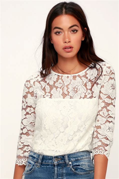 Lovely White Top Lace Top Three Quarter Sleeve Top Top Lulus