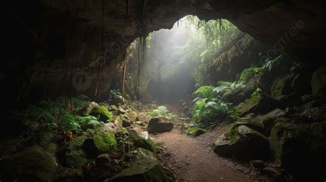 Cave Deep Inside The Jungle Full Of Green Foliage Background Picture