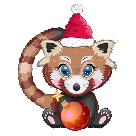 Red Panda In Santa Hat With A Ball Near The Christmas Tree Cute