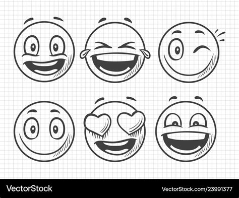 Hand Drawn Positive Emojis Smile Sketch Royalty Free Vector