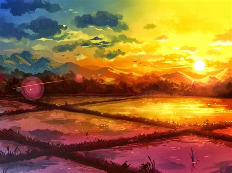 Sunrise Drawing Landscape Fantasy Art Nature Rice Paddy