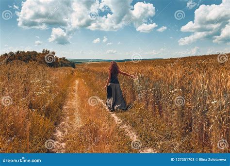 Cheerful Young Woman Walking By The Countryside Road Stock Image Image Of Attractive