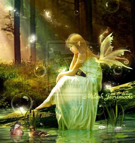 A Fairy Sitting On The Edge Of A Pond With Bubbles Floating Over Her