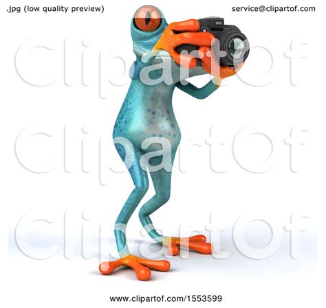 Clipart Of A 3d Blue Frog Holding A Camera On A White Background