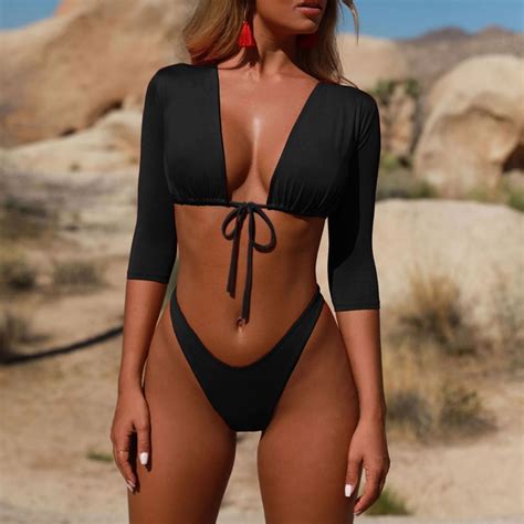 Long Sleeve Brazilian Bikini Bandage Separate Female Swimsuit Thong