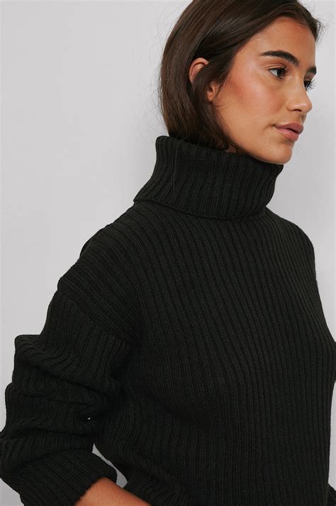Ribbed Knitted Turtleneck Side Slit Sweater Black Na Kd