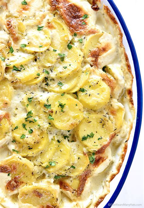 They are the perfect side dish for any evening or holiday feast and this recipe uses no heavy whipping cream. Scalloped Potatoes Recipe with Leeks and Thyme | She Wears ...