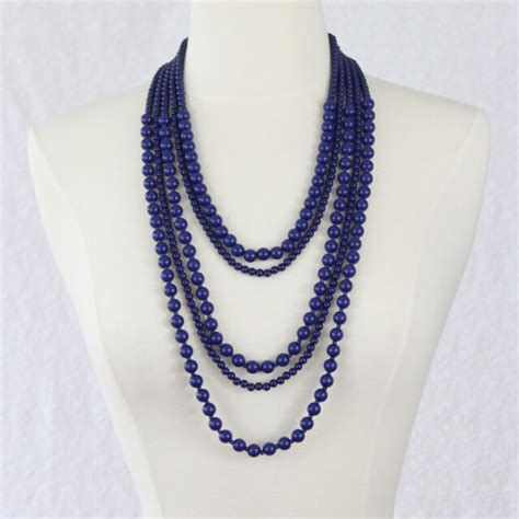 Navy Blue Necklace Five Strand Beaded Long Necklace Beads Statement