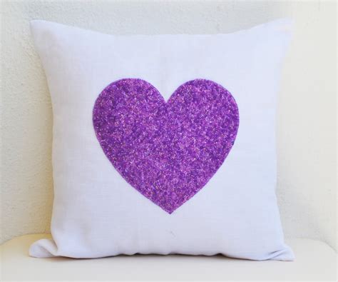 White Linen Heart Pillow Cover With Purple Sequin Heart Etsy