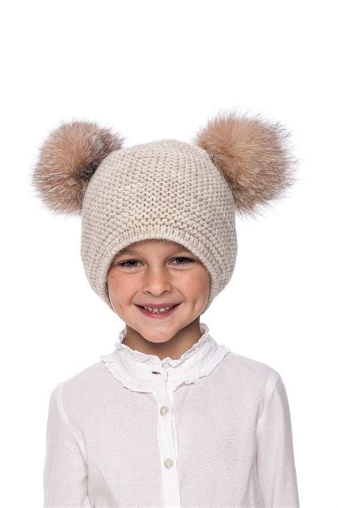 Baby Size Knitted Beige Wool Hat With Pompoms Raccoon