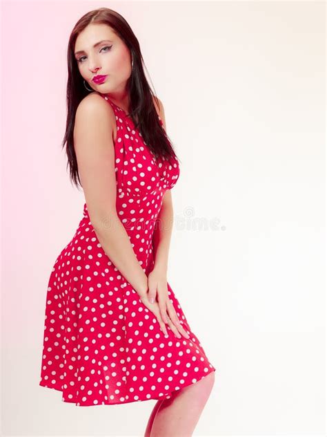 Portrait Pinup Girl Brunette Woman In Retro Red Dress Vintage Stock Image Image Of Kiss