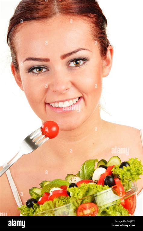 Young Woman Eating Vegetable Salad Stock Photo Alamy