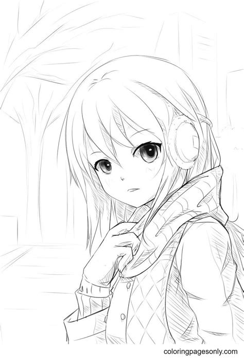 Anime Girl Wearing Headphones Coloring Page Free Printable Coloring Pages