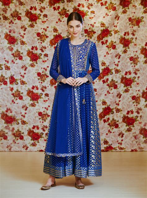 Shyam Narayan Prasad Royal Blue Embroidered Anarkali Set Indiaspopupcom