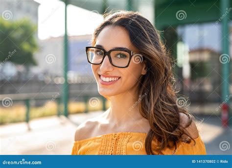 Smiling Woman Wearing Eyeglasses Outdoor Stock Photo Image Of Glasses