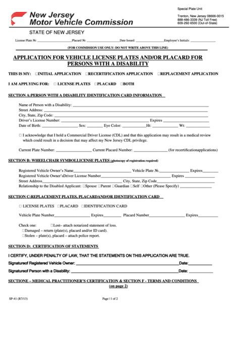 Print this page out, fill it out and fax it to: Fillable Form Sp-41 - Application For Vehicle License Plates And/or Placard For Persons With A ...