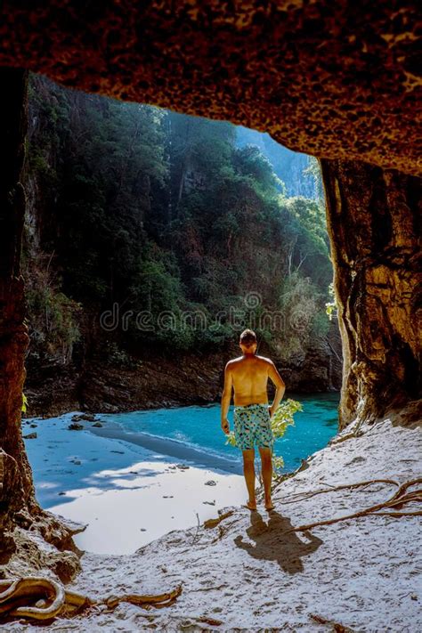 Hidden Beach With Huge Cave Near Koh Poda Island Krabi Thailandmen At
