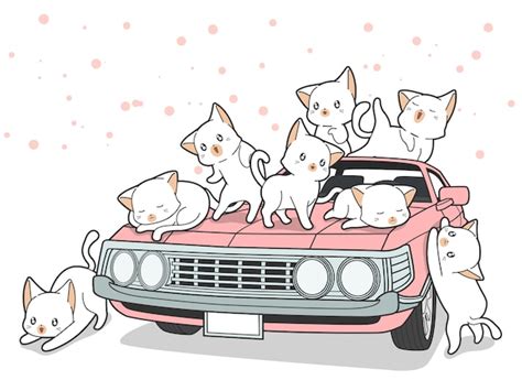 Premium Vector Drawn Kawaii Cats And Pink Car In Cartoon Style
