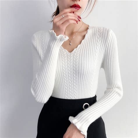 korean style autumn winter women sweaters and pullovers sexy v neck ruffled sleeve solid knitted