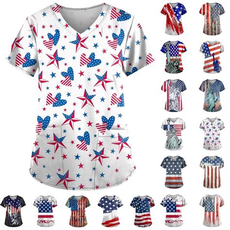 Mianht 4th Of July Patriotic Scrub Tops For Womens V Neck Short Sleeve