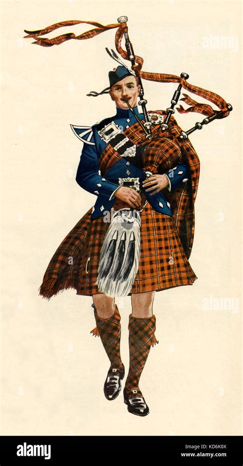 Scottish Bagpipe Player In Traditional Costume Tartan Of Cameron Of