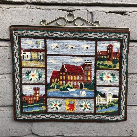 Vintage Embroidered Swedish Decorative Tapestry Wall Hanging Castles