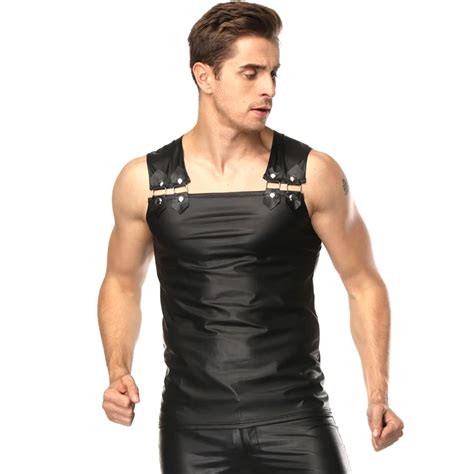 Sexy Men Black Faux Leather Lingerie Top Erotic Gay Sexy Mens Nightclub