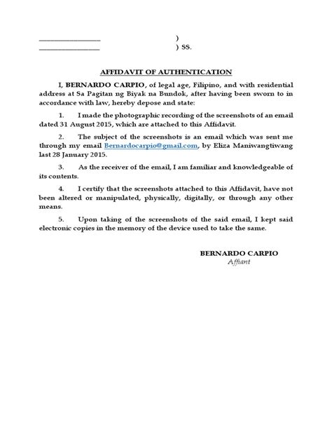 Sample Affidavit Of Authentication Pdf Affidavit Civil Law