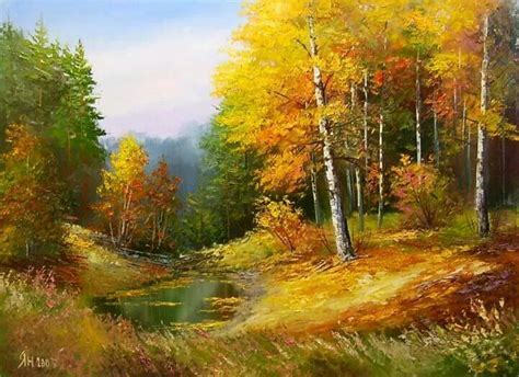 An Oil Painting Of Trees And Water In The Fall Season With Yellow